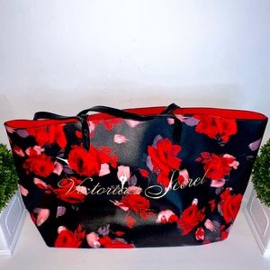 USED LIKE NEW WOMEN’S VICTORIA SECRET BLACK LEATHER ROSE TOTE BAG